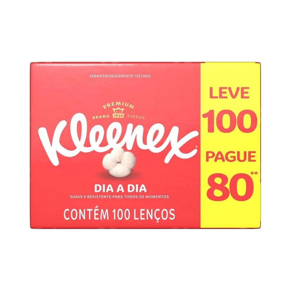 Lenço de Papel Kleenex Original Dia a Dia 100 Unidades embalagem vermelha com detalhes em amarelo